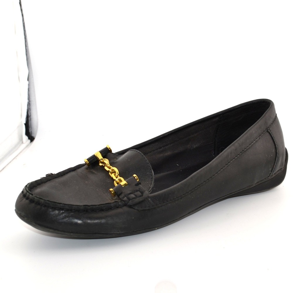 Lauren Ralph Lauren Loafers Women 9.5 Black Gold Chain Leather Womens Preppy